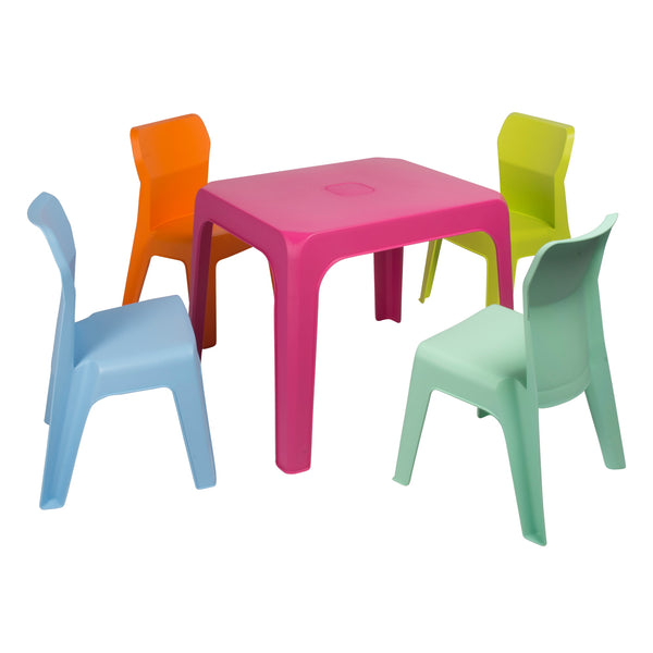 GARBAR JAN Kinderstoel-Tafel Binnen, Buiten Set 4+1 Hemelsblauw/Fuchsia/Oranje/Limoengroen/Aquamint