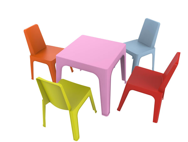 GARBAR JULIETA Kinderstoel-Tafel Binnen, Buiten Set 4+1 Hemelsblauw/Roze/Rood/Oranje/Limoengroen