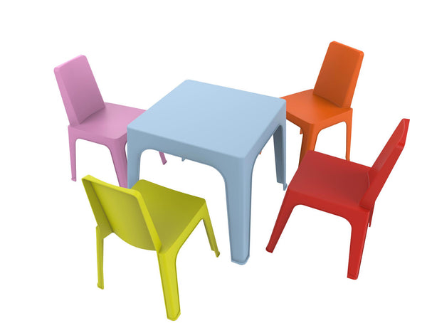 GARBAR JULIETA Kinderstoel-Tafel Binnen, Buiten Set 4+1 Hemelsblauw/Roze/Rood/Oranje/Limoengroen