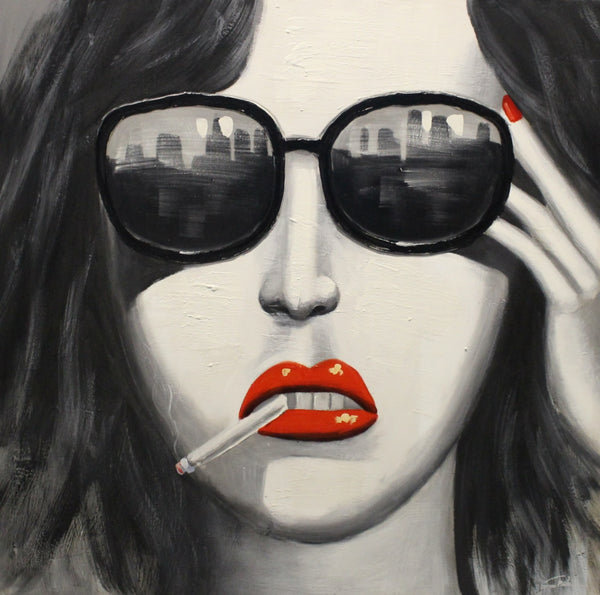 3D-metaalschilderij - Rokende dame met rode lippen