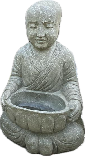 monk with bowl on front green stone