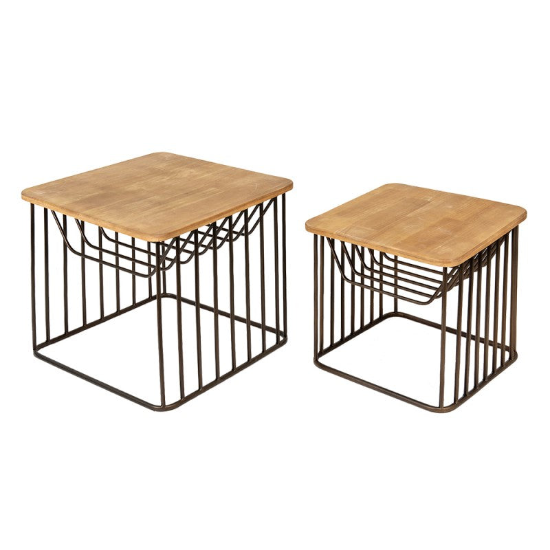 Bijzettafel Set van 2  Bruin Ijzer Hout Salontafel