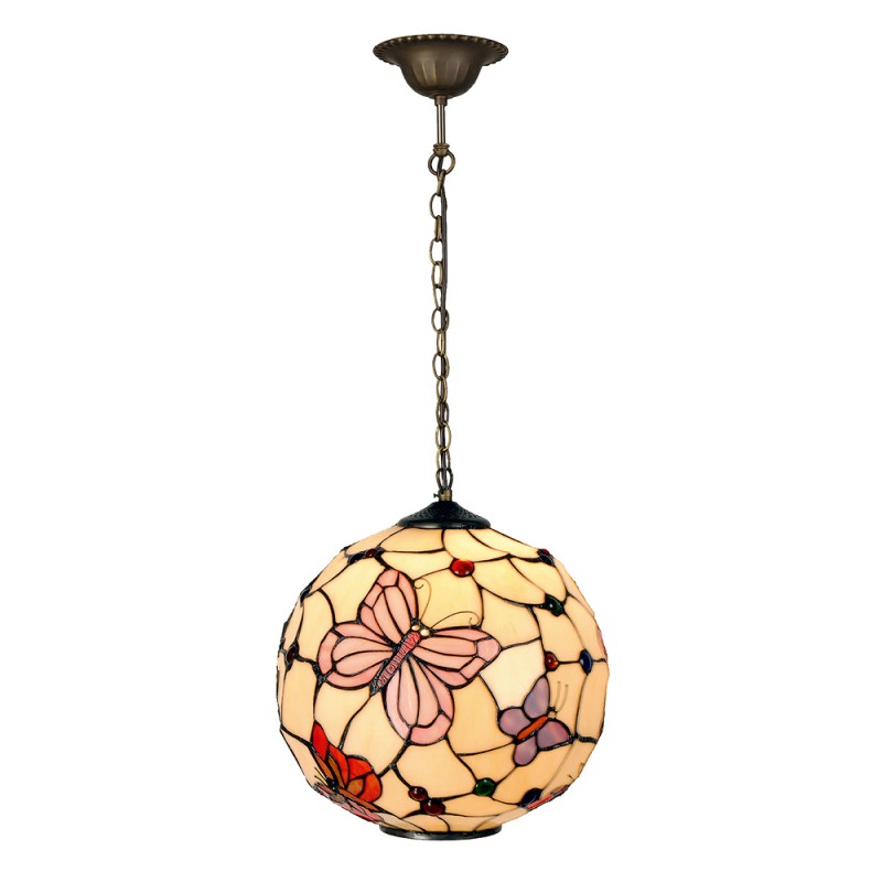 Hanglamp Tiffany  Ø 30x30 cm Beige Roze Metaal Glas Vlinder Rond Hanglamp Eettafel