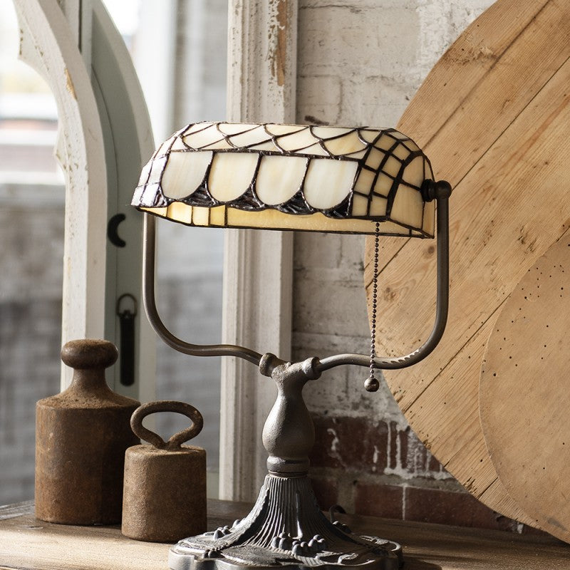 Tiffany Tafellamp  26x21x37 cm  Beige Bruin Metaal Glas Tiffany Bureaulamp