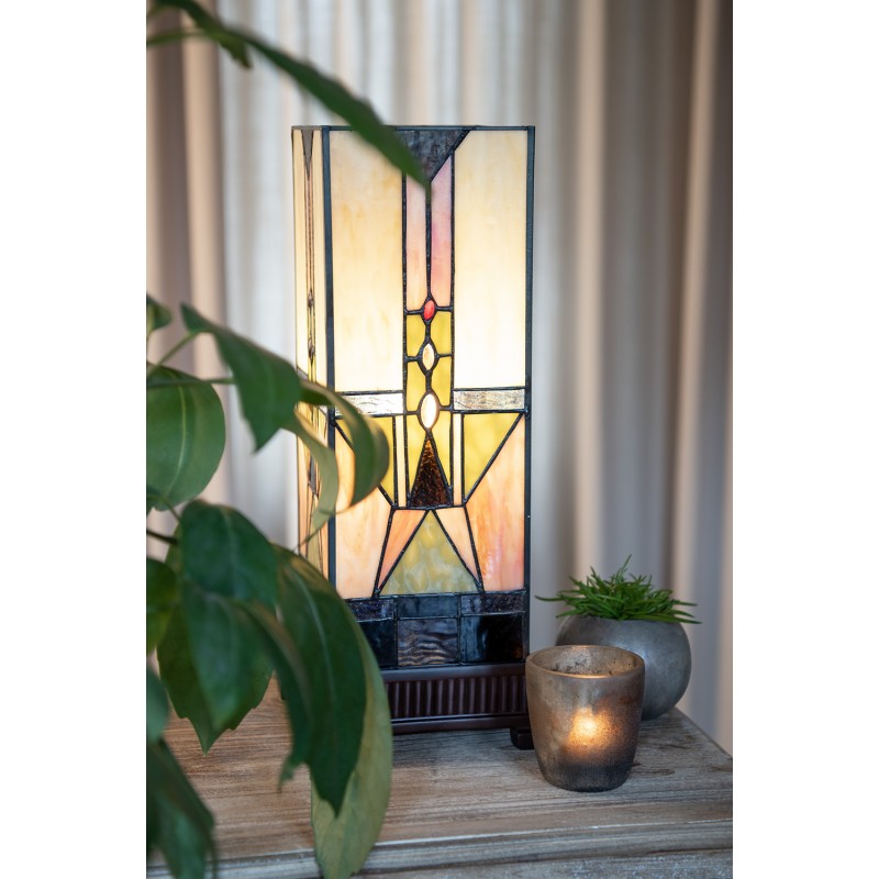 Tiffany Tafellamp  18x18x45 cm  Beige Bruin Glas Vierkant Tiffany Bureaulamp