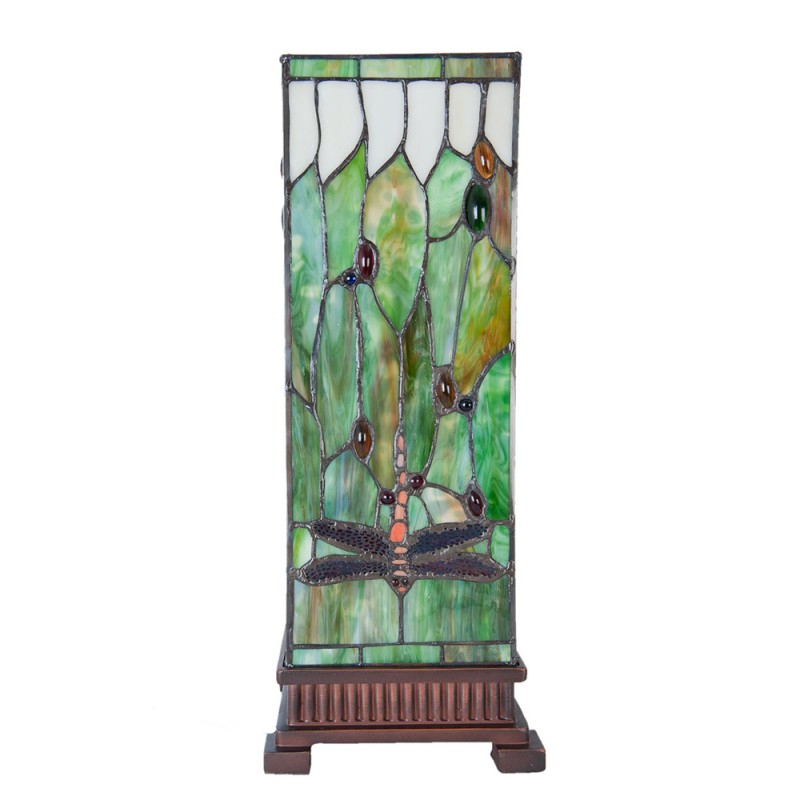 Tiffany Tafellamp  18x18x45 cm Groen Bruin Glas Libelle Vierkant Tiffany Bureaulamp