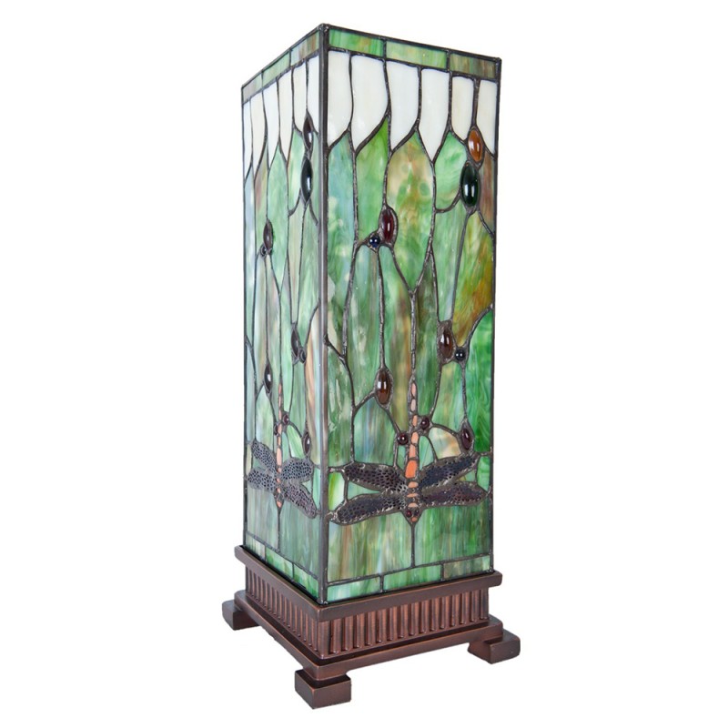 Tiffany Tafellamp  18x18x45 cm Groen Bruin Glas Libelle Vierkant Tiffany Bureaulamp
