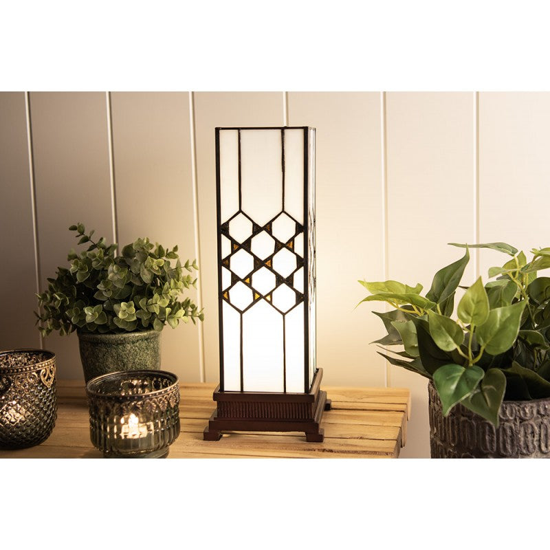 Tiffany Tafellamp  12x12x36 cm Wit Glas Vierkant Tiffany Bureaulamp