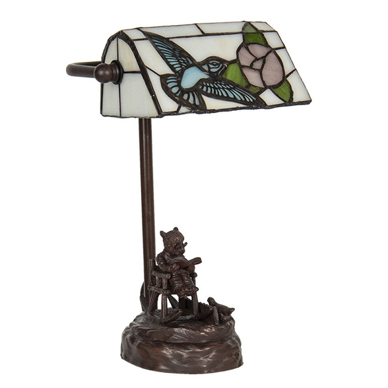 Bureaulamp Bankierslamp Tiffany  15x33 cm Beige Blauw Polyresin Glas Vogel Tafellamp