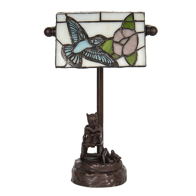 Bureaulamp Bankierslamp Tiffany  15x33 cm Beige Blauw Polyresin Glas Vogel Tafellamp