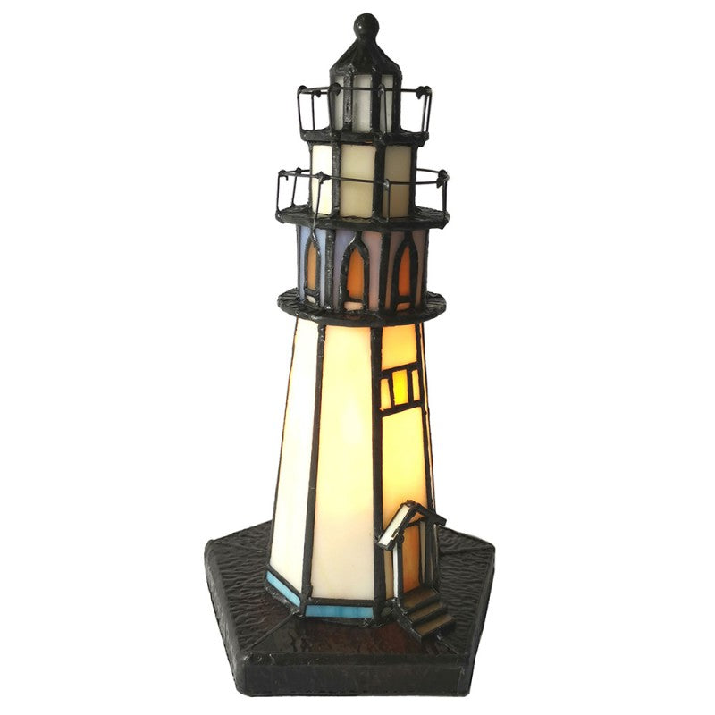Tiffany Tafellamp Vuurtoren 15x15x25 cm Beige Blauw Glas Tiffany Lampen