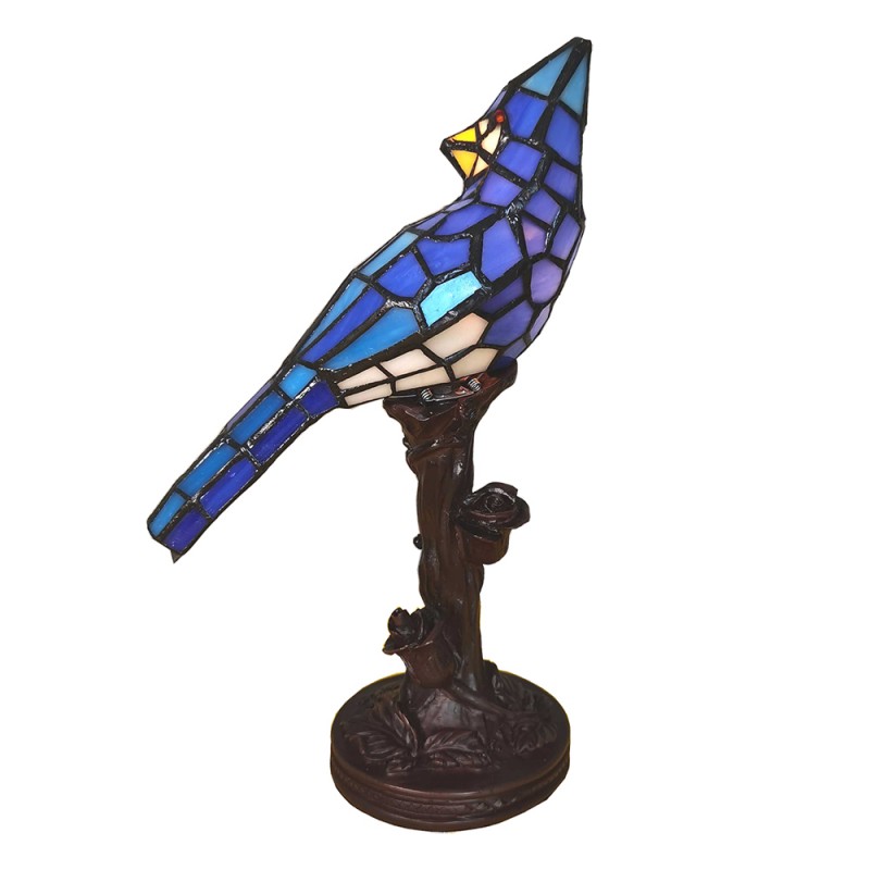 Tiffany Tafellamp Vogel 15x12x33 cm  Blauw Glas Kunststof Tiffany Bureaulamp