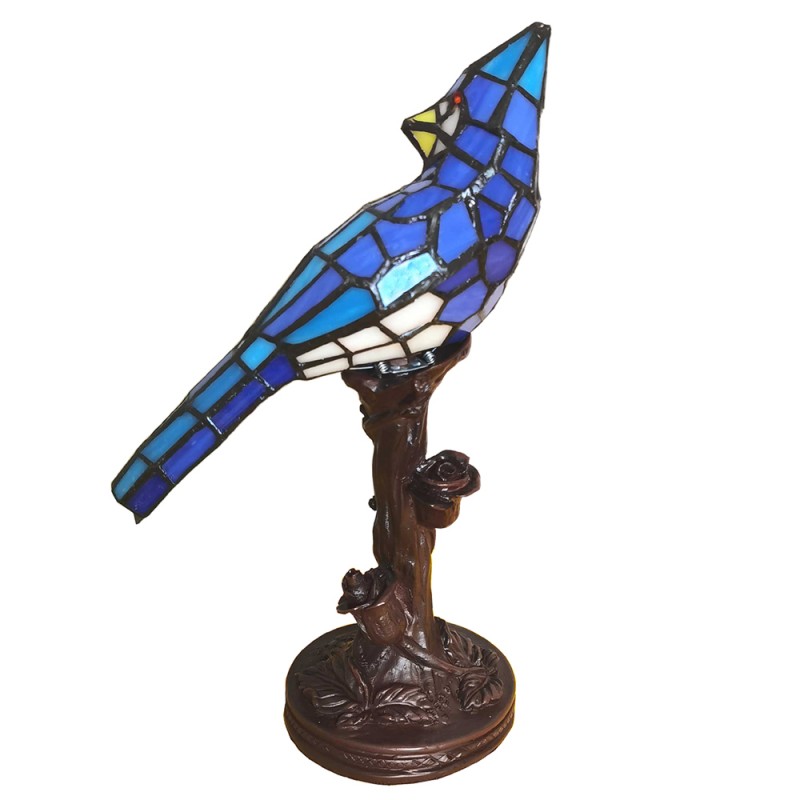 Tiffany Tafellamp Vogel 15x12x33 cm  Blauw Glas Kunststof Tiffany Bureaulamp