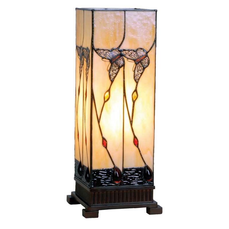 Tiffany Tafellamp  18x18x45 cm  Beige Bruin Glas Vlinder Rechthoek Tiffany Bureaulamp
