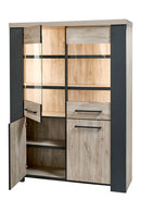 Vitrinekast met LED verlichting | Meubelserie Odin | Antraciet, naturel | 140 x 45 x 188 (h) cm