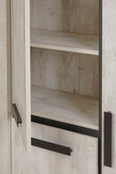 Vitrinekast | Meubelserie Bergen | lichtgrijs, naturel, zwart | 126 x 43 x 170 (h) cm