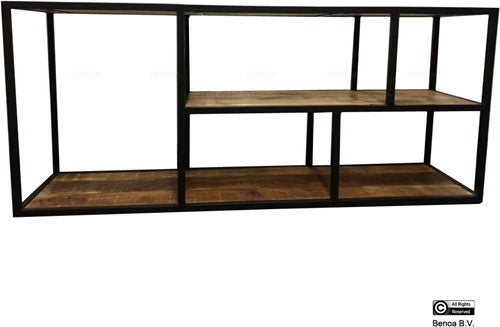 iron tv rack with wooden shelf 140 iron black powdercoated, wood natural finish