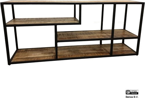 iron tv rack with wooden shelf 140x35x60 iron black powdercoated, wood natural finish