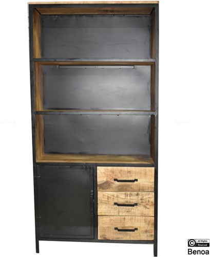Boekenkast met 1 deur en 3 lades | Lizzy | Industrieel | 37 x 100 x 200 cm